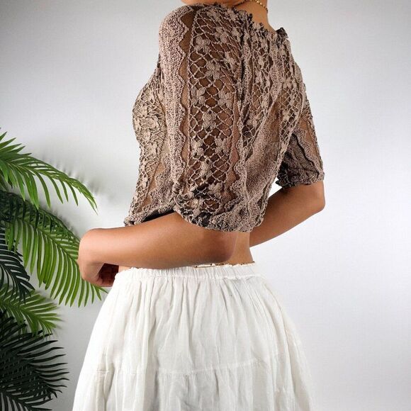 Vintage Brown Floral Fairy Grunge Cottagecore Sheer Knit Bohemian Crop Top / S - Picture 2 of 5